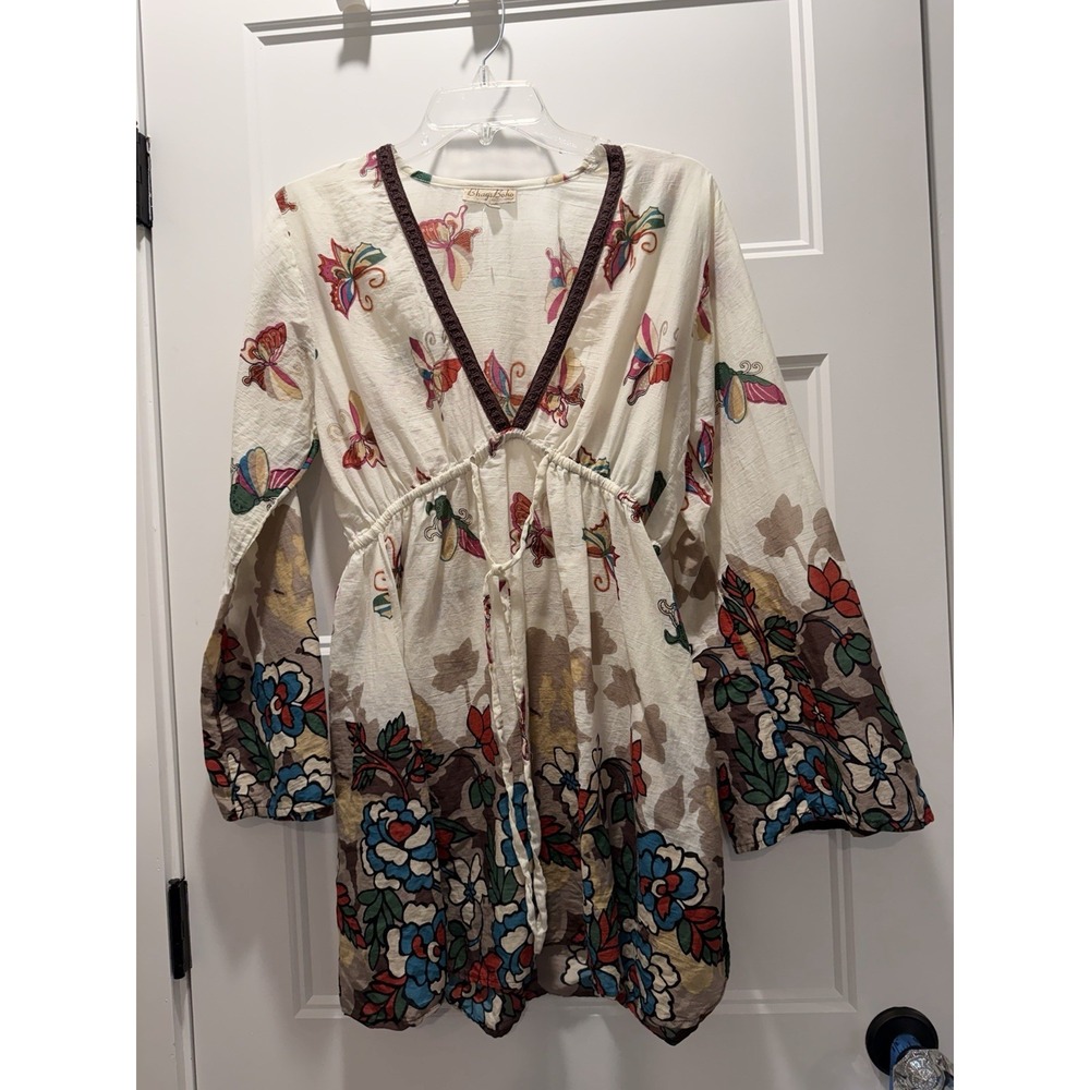 Bhag's Bohr Women's M/L 100% Cotton Floral Butterfly Tunic Bell Sleeve India